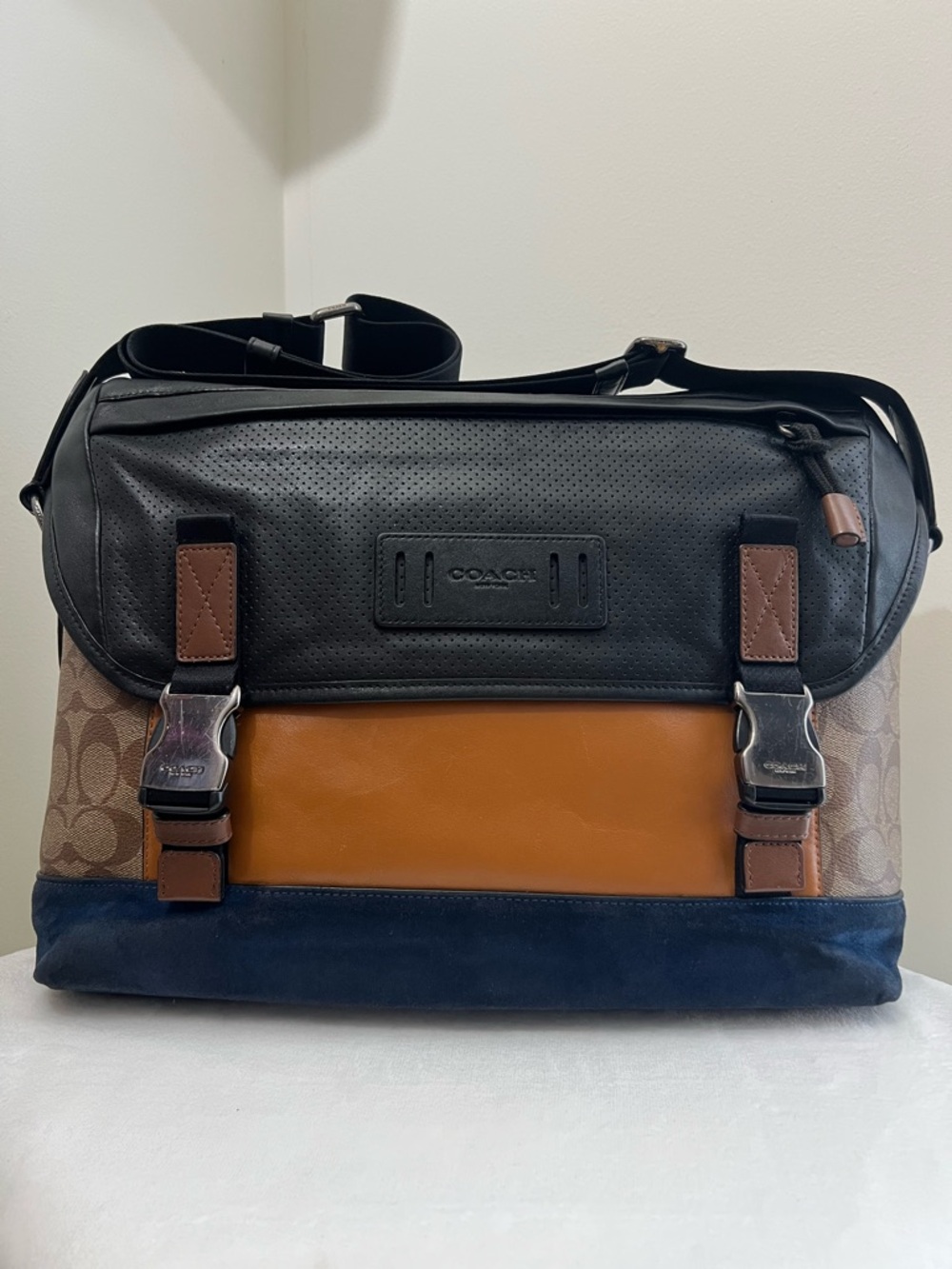 Coach Men’s Black, Brown, Tan & Blue Canvas Leather Messenger Bag
